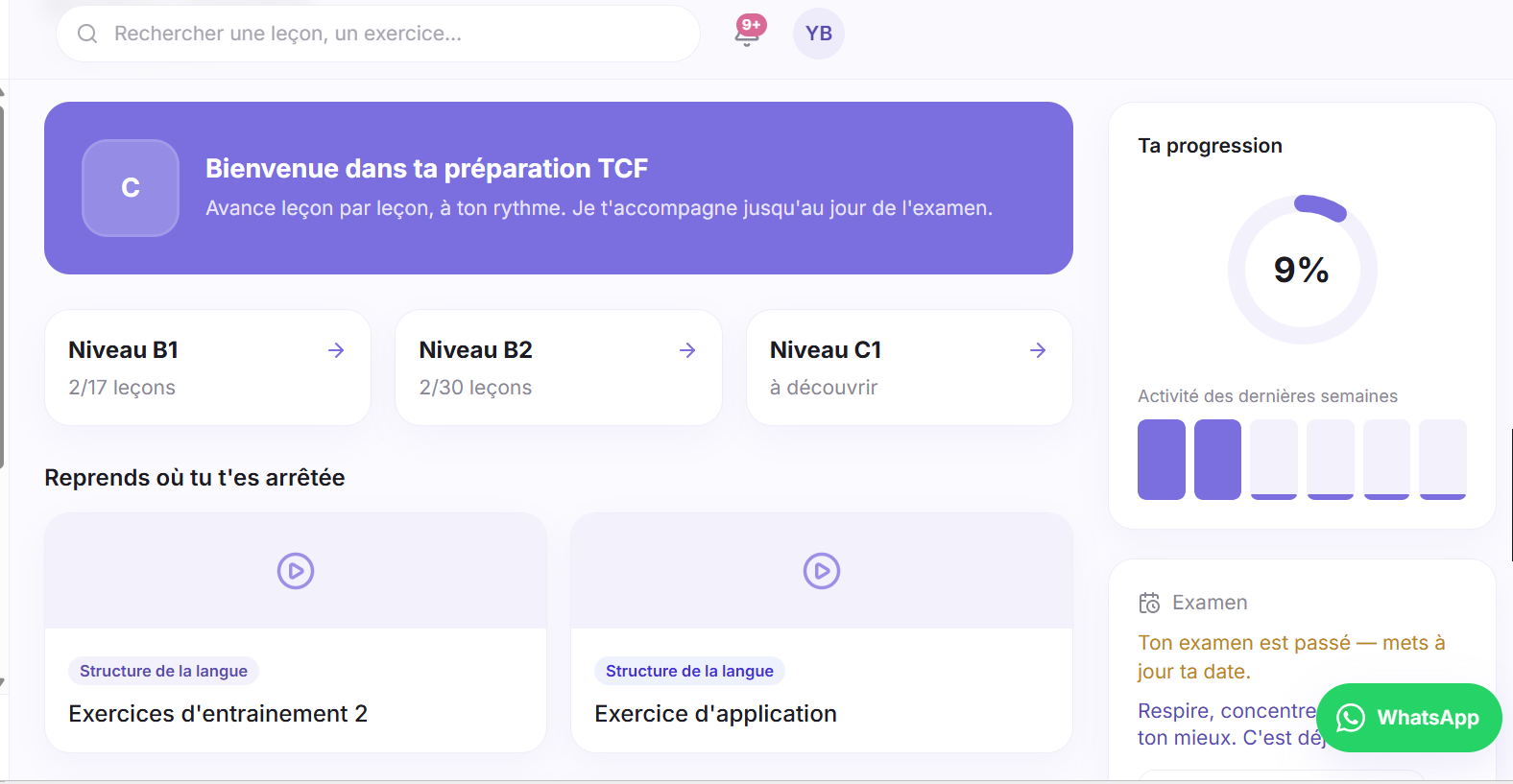 Accueil de l'espace élève : niveaux, progression et reprise de la leçon